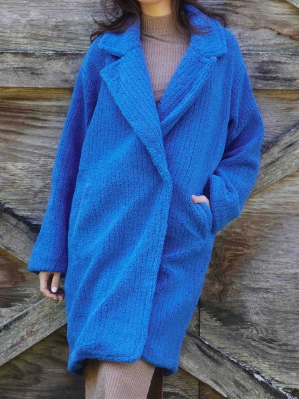 Cobalt Blue Textured Oversized Teddy Coat Women's Long Jacket - Picture 2 of 4